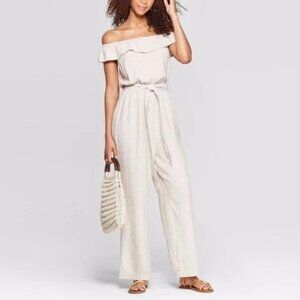 Universal Thread Stripe Linen Off Shoulder Jumpsuit in Tan/White - Size L